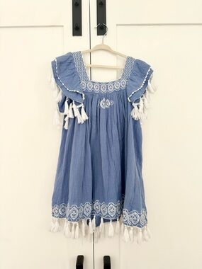 Girls' Blue Tassel-Trim Casual Dress with Embroidery